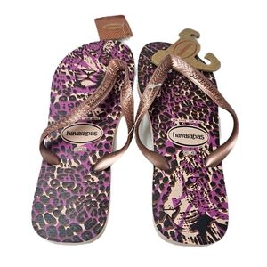 Havaianas Slim Animals Flip Flops Pink Purple Leopard Rose Gold Size 41/42